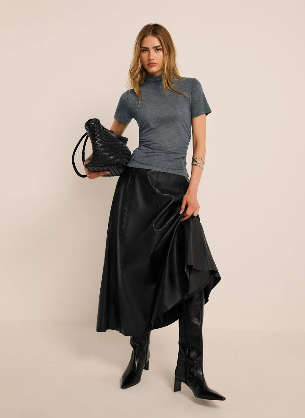 Black Leather Full Midi Skirt | Mint Velvet