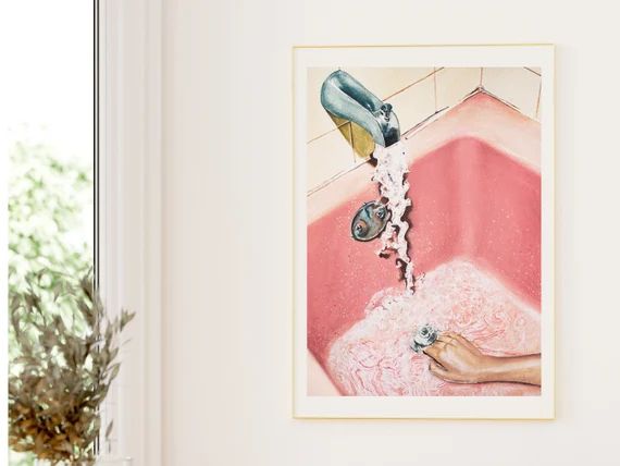 Vintage Pink Bathroom Art Print  Retro Watercolor Femme - Etsy | Etsy (US)