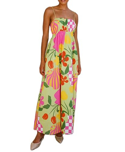 Women Graphic Maxi Cami Dress Spaghetti Strap Floral Boho Long Dress Graffiti Square Neck Flowy S... | Amazon (US)