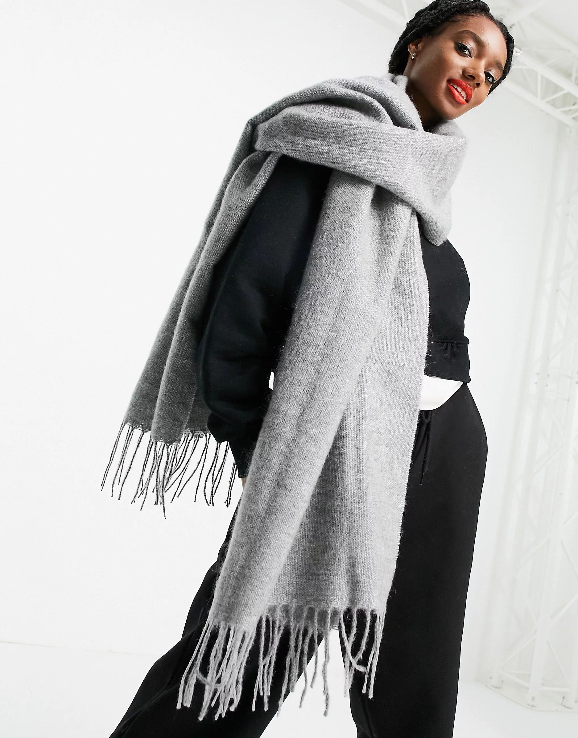ASOS DESIGN supersoft scarf with tassels in mid gray | ASOS (Global)