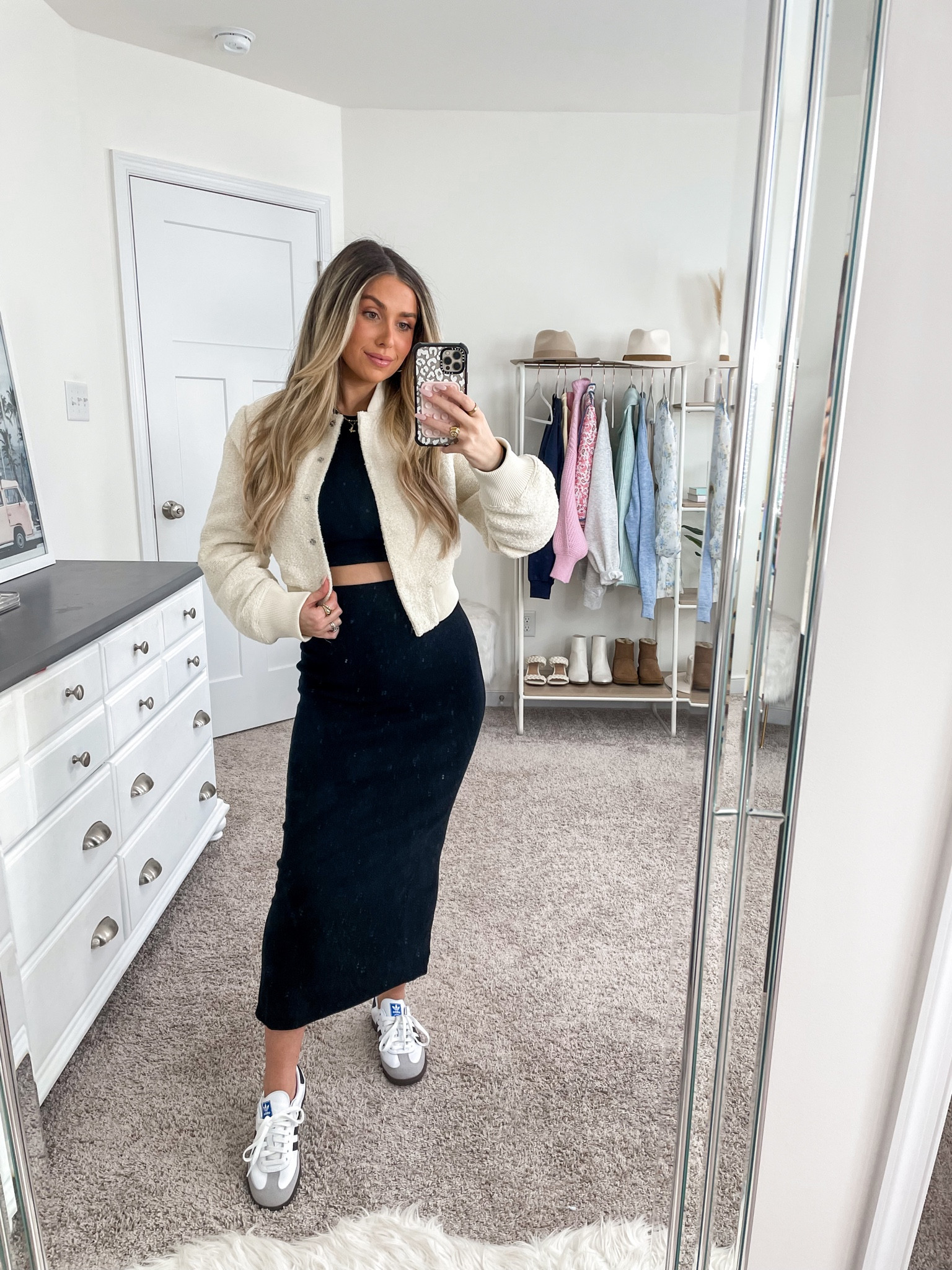 Bomber jacket: xs (could have sized up to a small) // top: xs // midi skirt: xs // adidas sambas: size 6 (size down 1/2 size) 

#LTKSeasonal #LTKfindsunder100 #LTKshoecrush