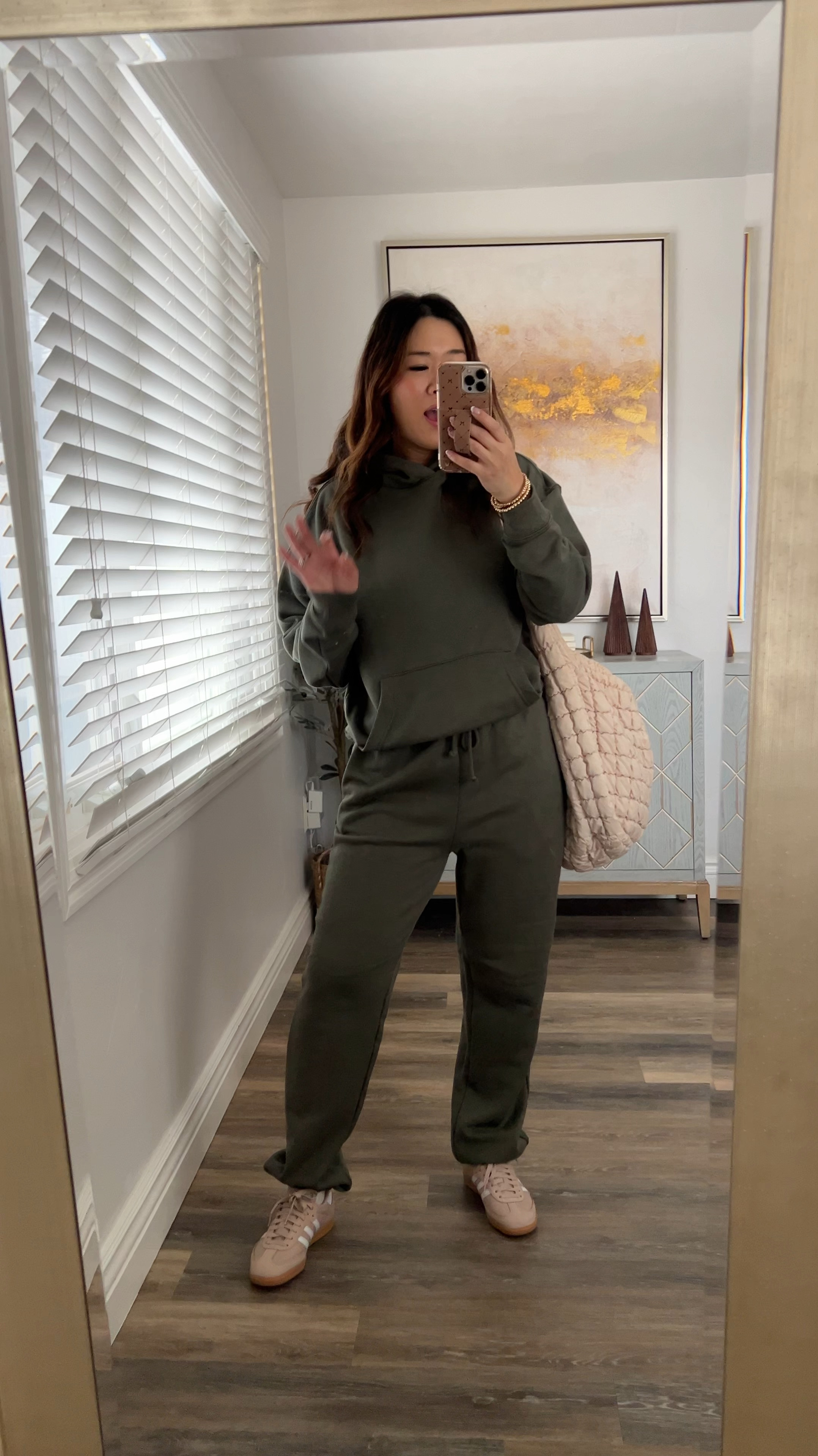 Walmart Set for tweens, teens, women and men. Would make a good gift! 
Men’s Sizing, Wearing Small sweatshirt and Small sweatpants 
Adidas Samba - size down 