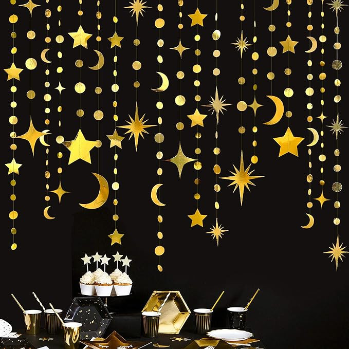 Gold Star Moon Circle Dot Garland Party Decorations Kit Hanging Crescent and Twinkle Little Star ... | Amazon (US)