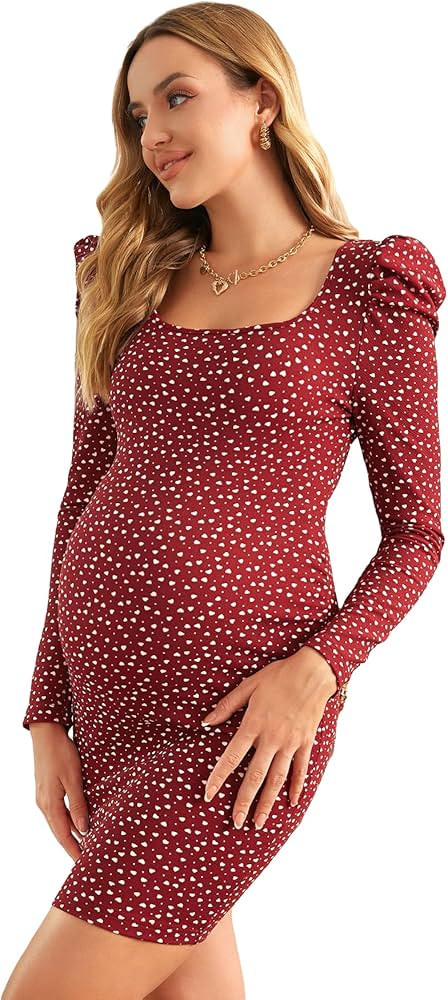 MakeMeChic Women's Maternity Dress Heart Print Long Puff Sleeve Square Neck Pregnancy Bodycon Sho... | Amazon (US)