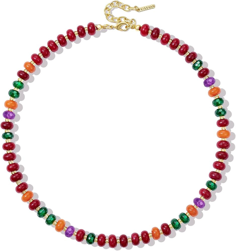 KissYan Christmas Bow Necklace for Women, Red Green Natural Gemstone Bead Choker with 14K Gold Pl... | Amazon (US)