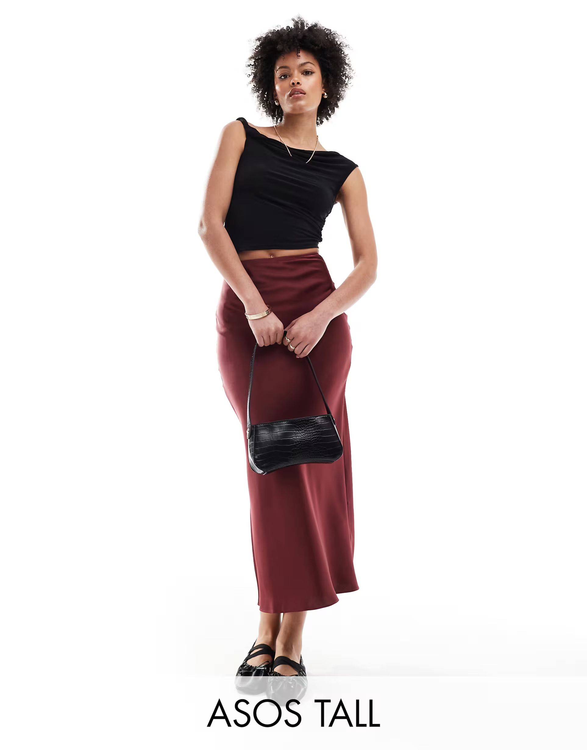 ASOS DESIGN Tall satin bias midi skirt in burgundy | ASOS (Global)