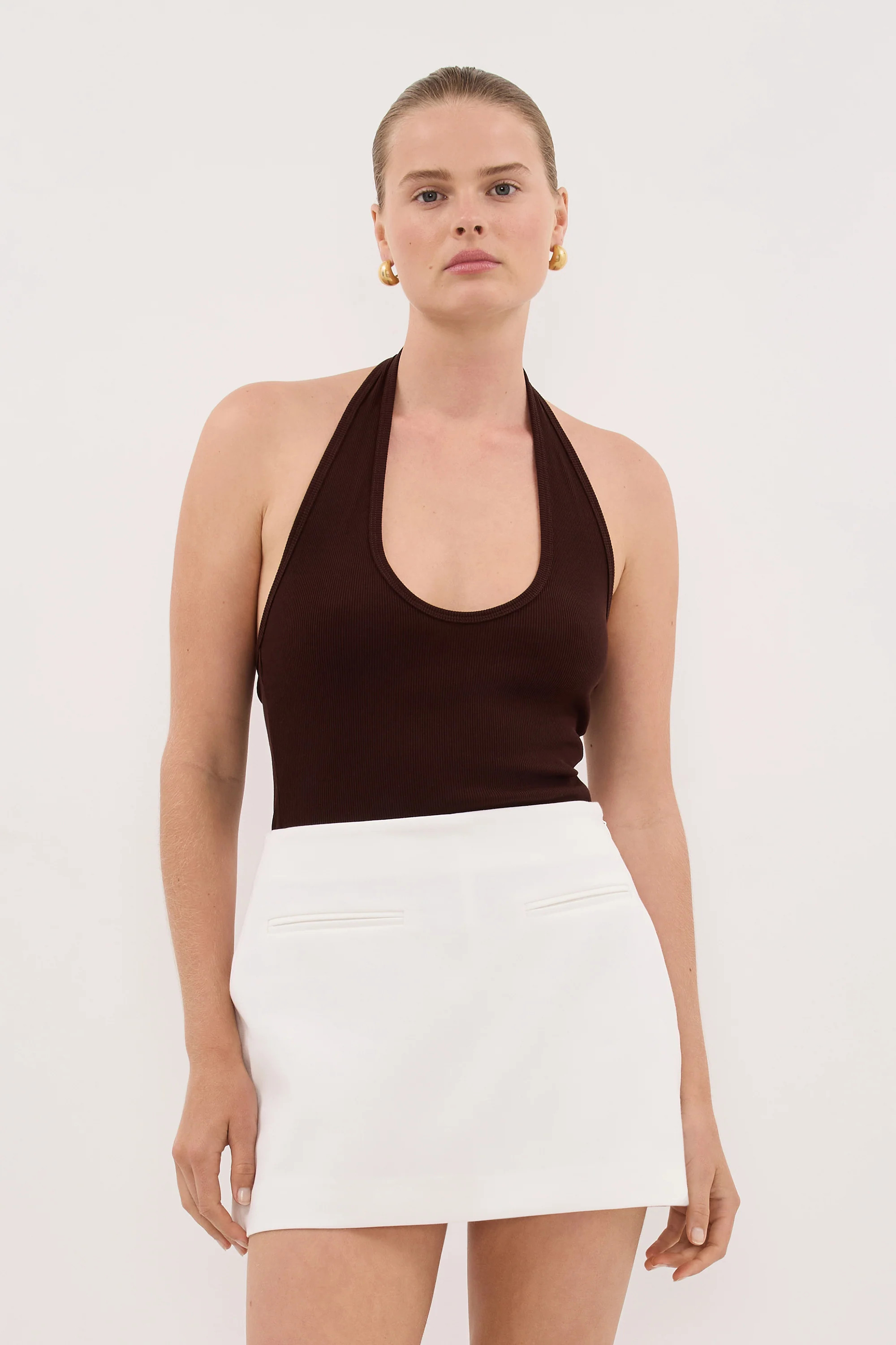 HARLAN BURNT CHOC KNIT HALTER TOP | DISSH
