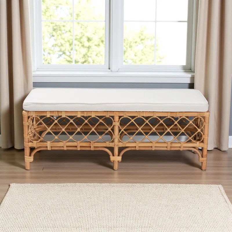 Wisteria White Fabric Bench with Rattan Natural Brown Finish, 17.98'' H X 47.71'' W X 18.13'' D | Wayfair North America