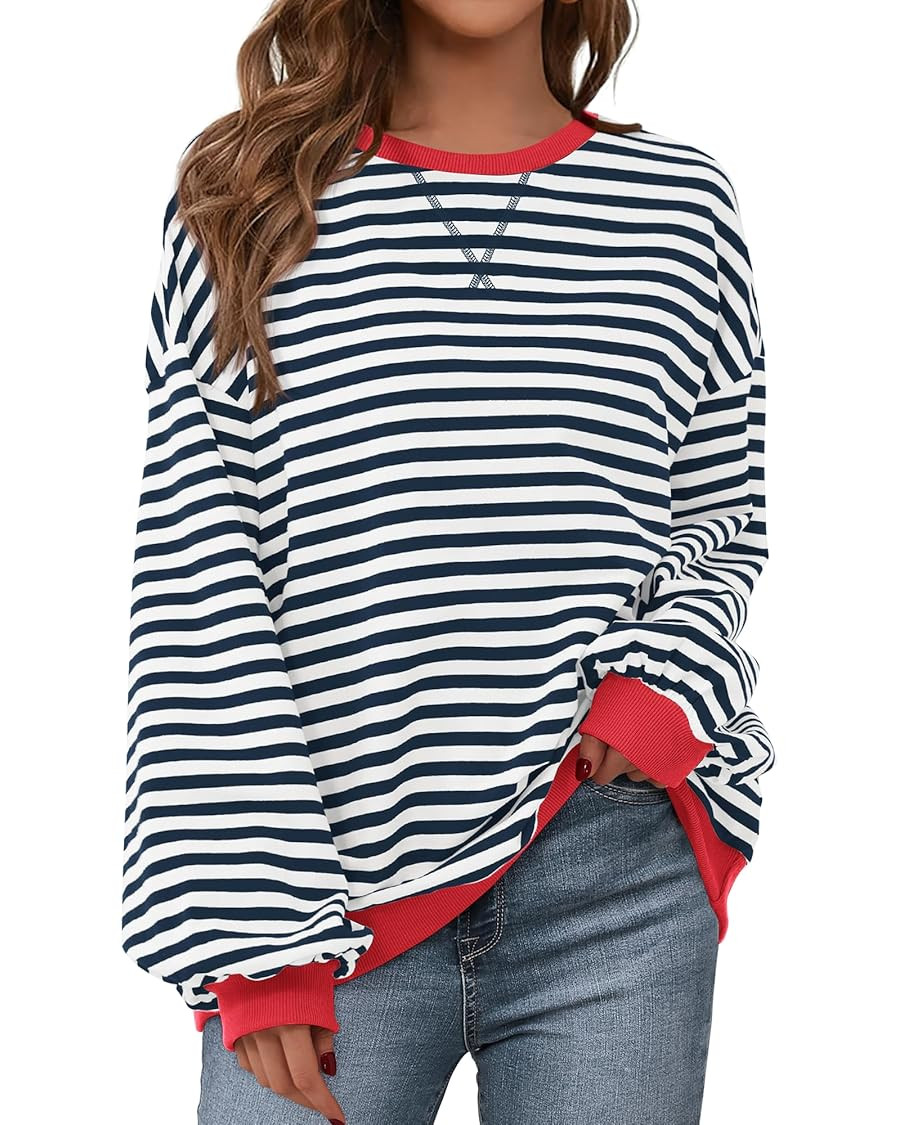 BTFBM Womens Oversized Striped Sweatshirt Crewneck Long Sleeve Pullover Top Casual Y2K Fall Cloth... | Amazon (US)