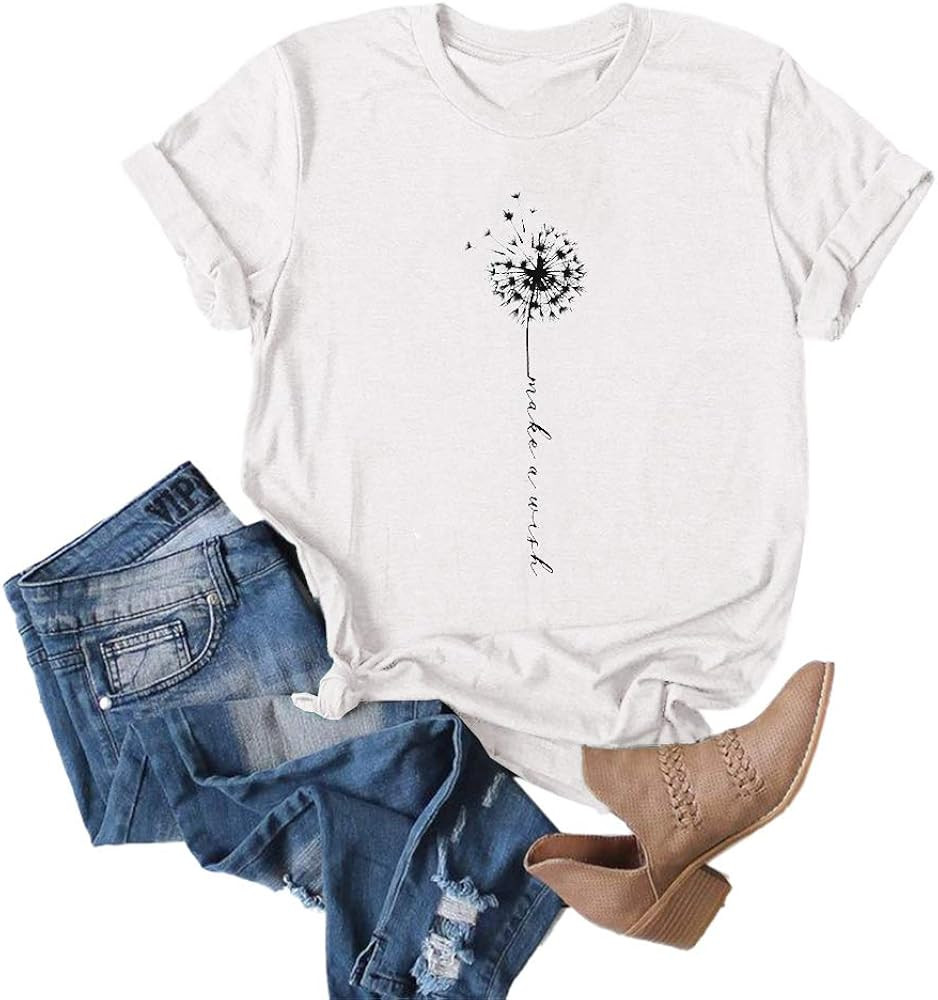 MaQiYa Womens Cute Make A Wish Dandelion Printed Tee Shirts Summer Cotton Vintage Graphic Tees Tops | Amazon (US)