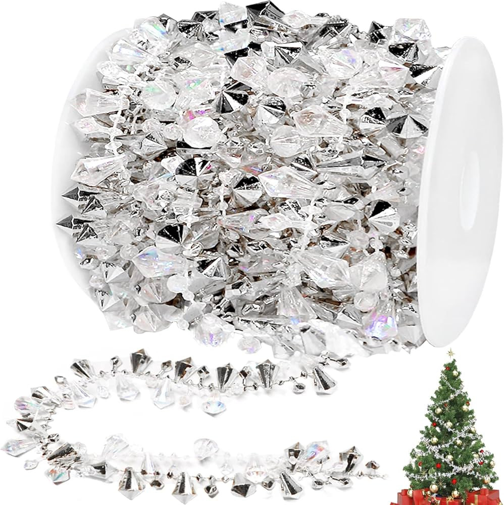 Jishi 16ft Christmas Garland Christmas Tree Silver Bead Decor, Clear Iridescent Silver Bead Garla... | Amazon (US)