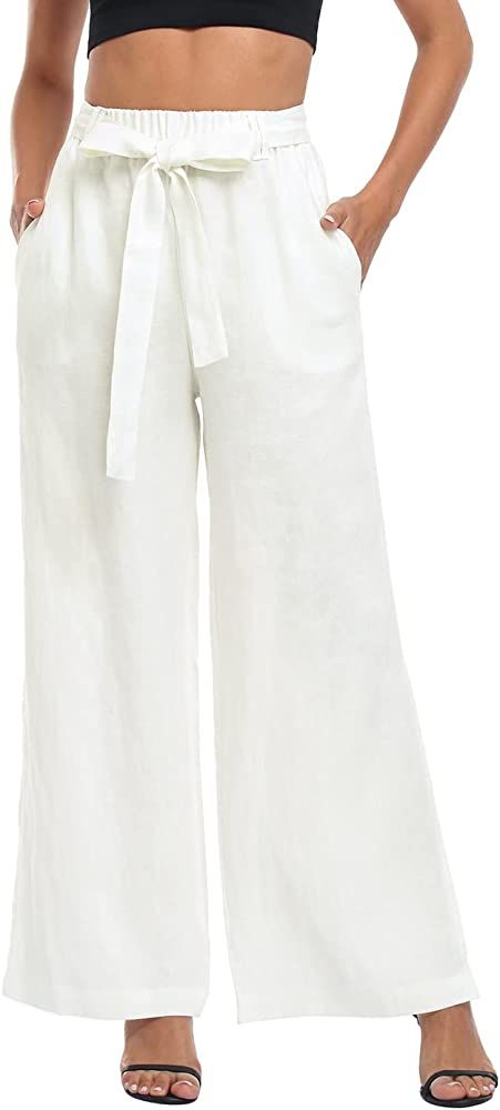 HDE Women's Linen Wide Leg Palazzo Pants Paperbag Flowy Boho Pant with Pockets | Amazon (US)