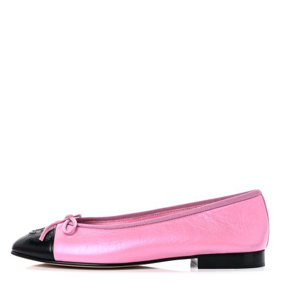 Laminated Crumpled Lambskin Cap Toe CC Ballerina Flats 37.5 Pink Black | FASHIONPHILE (US)