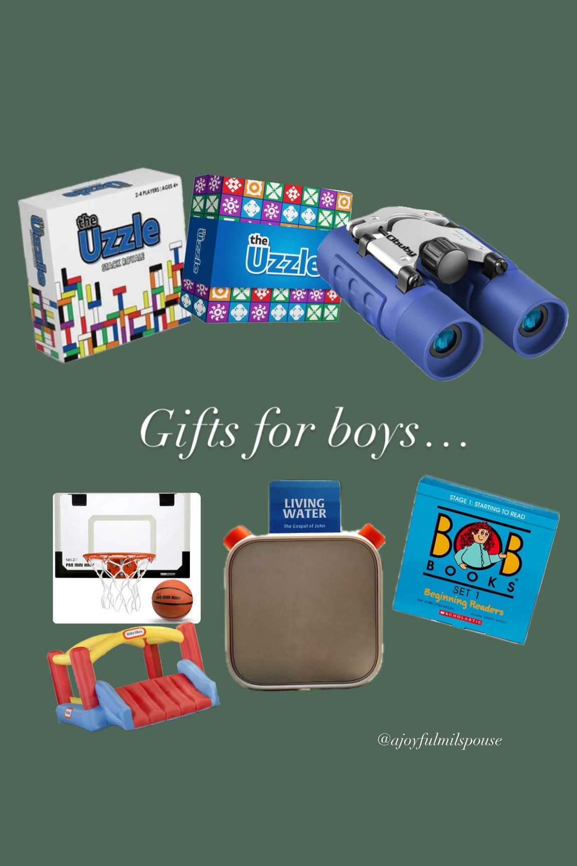 1. Uzzle games
2. Kids binoculars 
3. Indoor basketball hoop 
4. Bounce house 
5. Bible story Yoto cards (Kaleidoscope Kids website )
6. Bobs Books 
