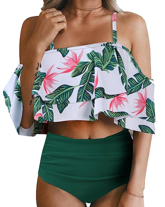 Tempt Me Women Two Piece Swimsuit Off Shoulder Ruffled Flounce Crop Top Bikini with Cutout Bottom... | Amazon (US)