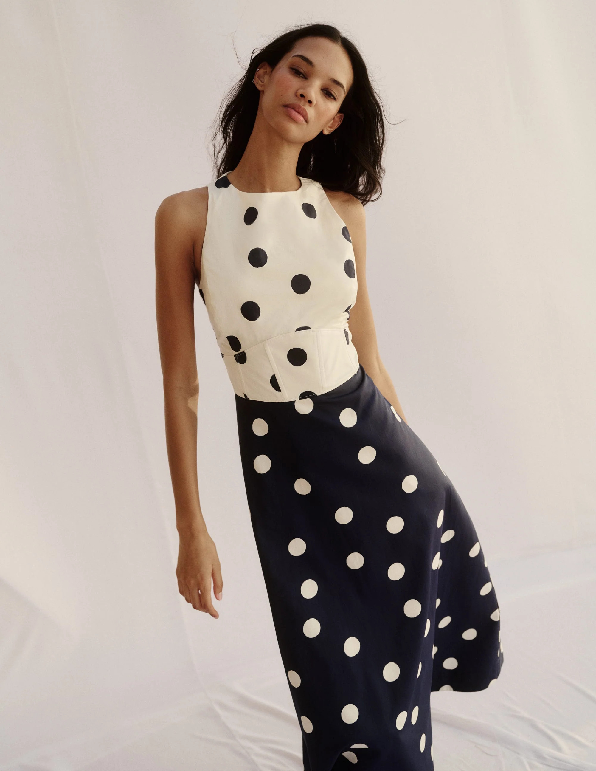 Silvia Boned Bodice Maxi Dress-French Navy Painted Spaced Dot | Boden (US)