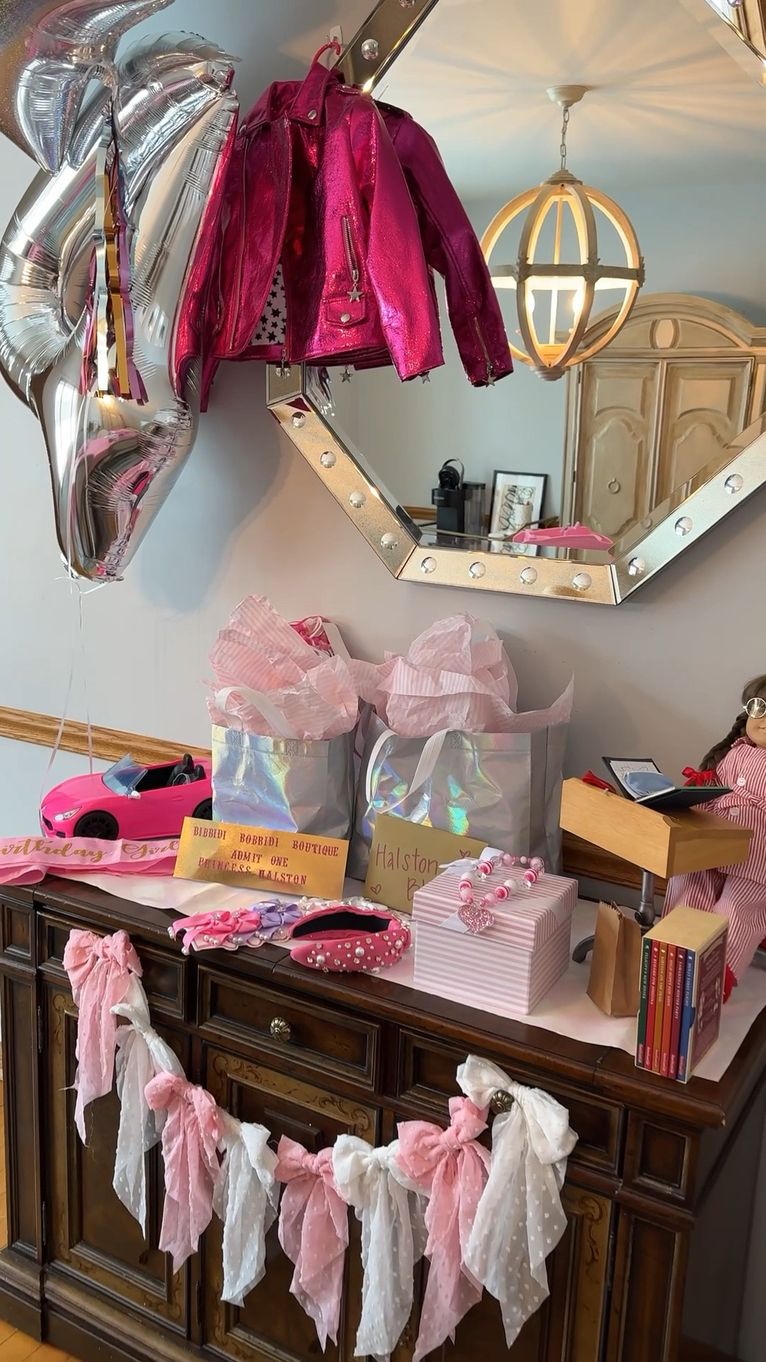 Barbie Birthday Party 4 year old girl pink Barbie favors decor car Lola & the boys pink dresses cowgirl boots glitter sneakers jacket coat 