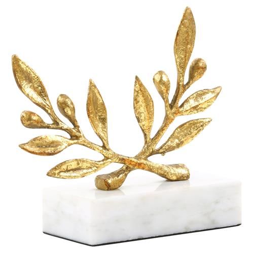 Villa & House Olive Branch Gold Leaf Metal White Marble Base Sculpture | Kathy Kuo Home