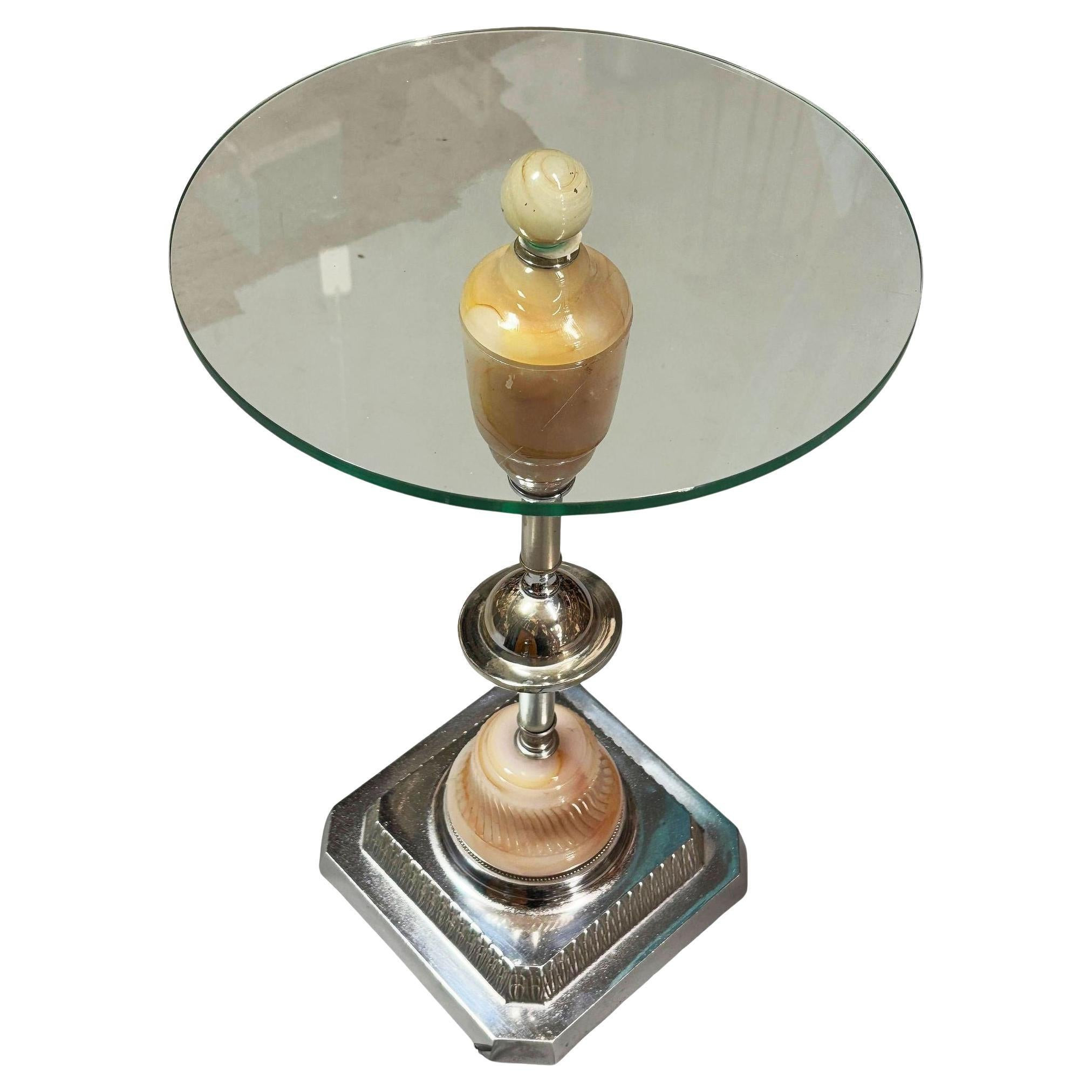 Light Up Chrome Streamline Art Deco Drink Side Glass Top Table w/ Art Glass Base | 1stDibs