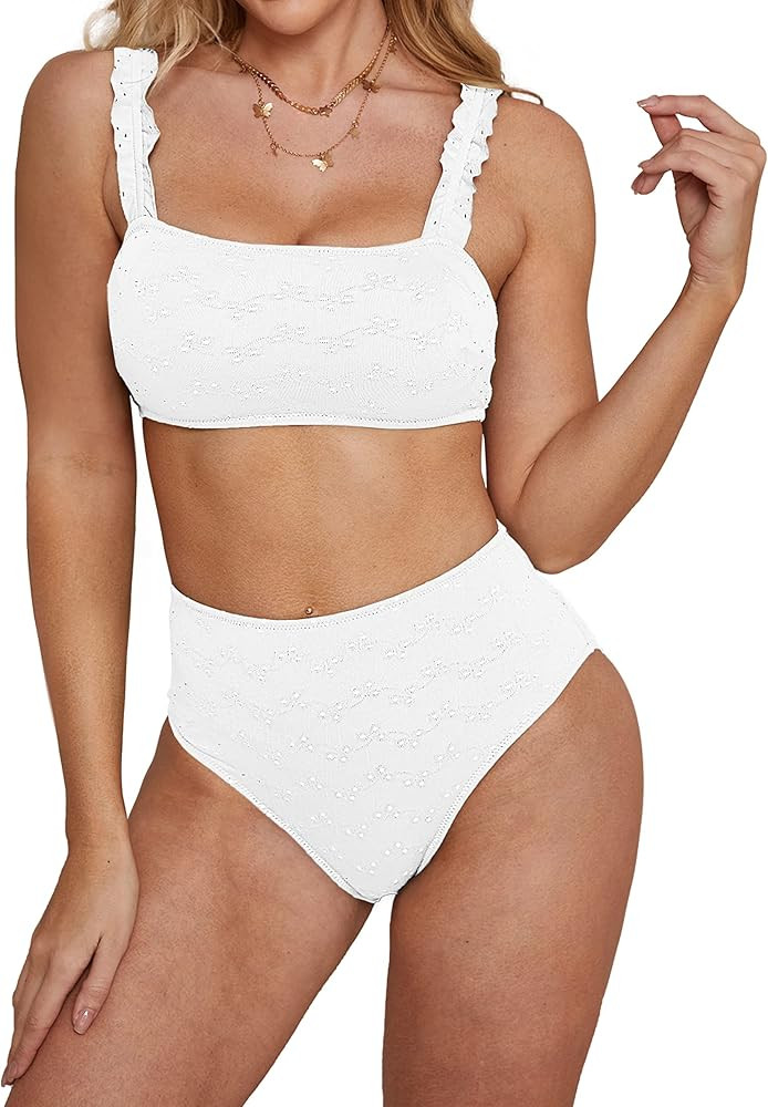 WIHOLL Women's High Waisted Bikini Set 2 Piece Swimsuits Ruffle Straps Bathing Suits | Amazon (US)