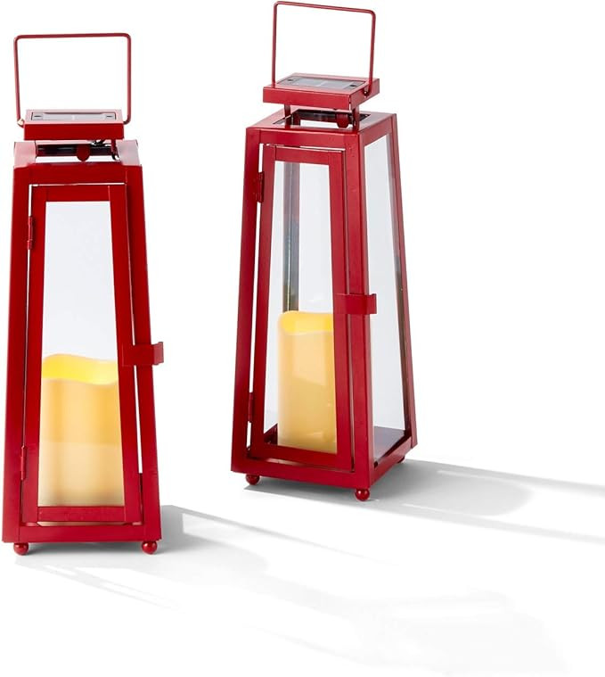 Red Outdoor Solar Lanterns - 11 Inch, Set of 2, Metal & Glass, Waterproof Flameless Pillar Candle... | Amazon (US)