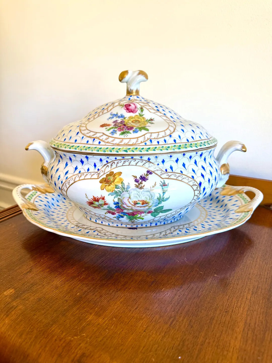 Large French Soup Tureen and Plate, Royal Paris Hand Painted Florals with Cobalt Blue and Gold Ac... | Etsy (US)