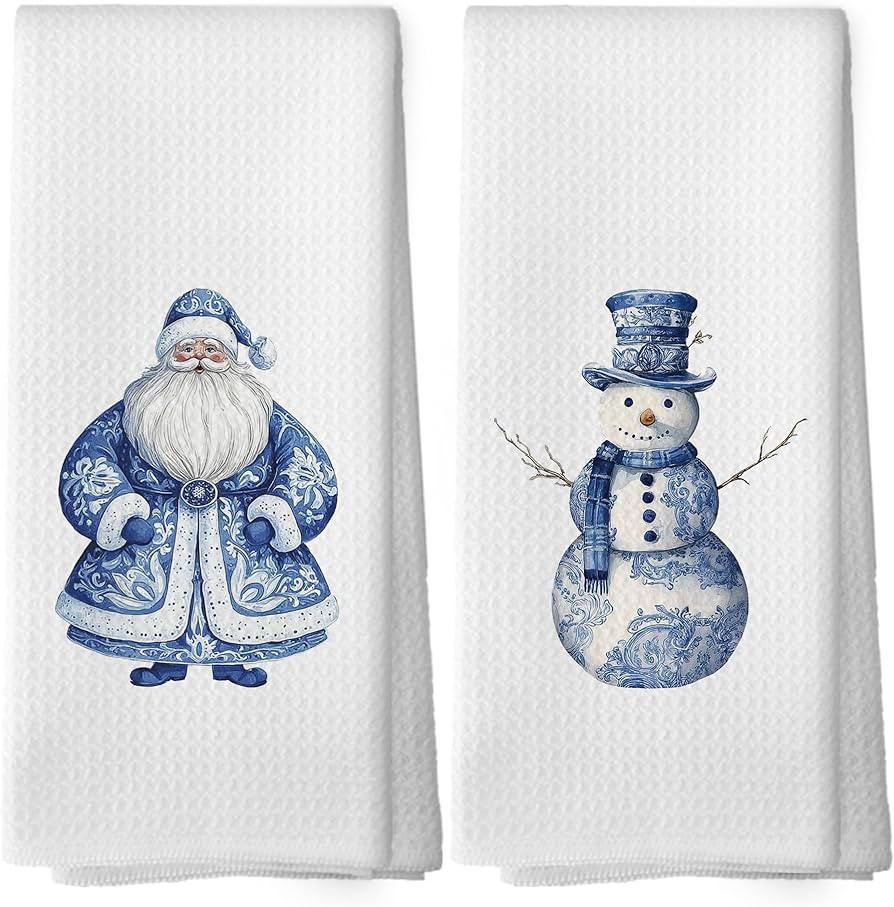 XPH Chinoiserie Christmas Kitchen Dish Towels Set of 2, Santa Gifts for Women, Winter Blue and Wh... | Amazon (US)
