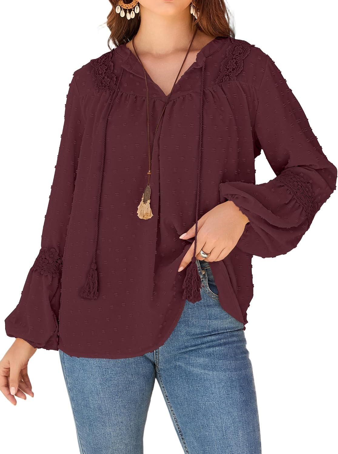 KI LAPHEE Long Sleeve Shirts for Women Boho Tops – Swiss Dot Blouse, Flowy Chiffon Lace Tunic | Amazon (US)