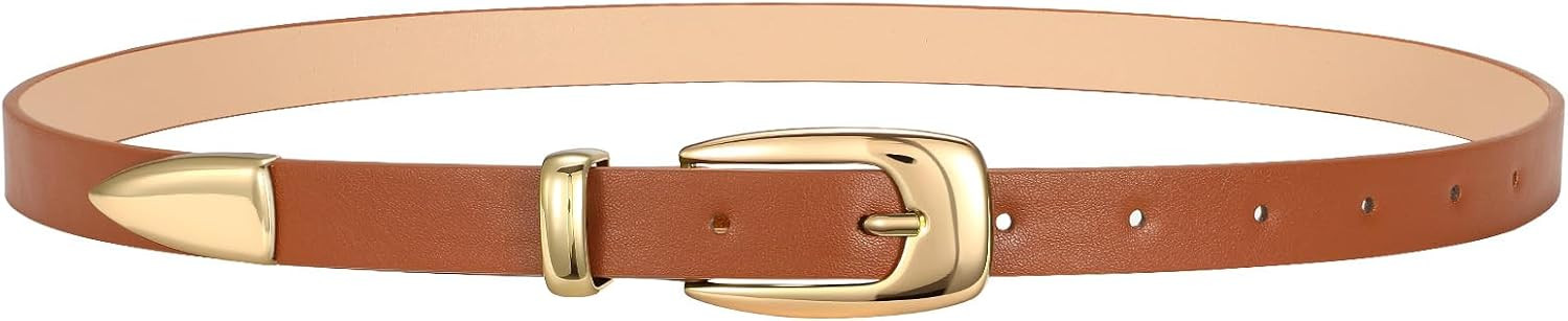 Women Skinny Leather Belt for Women Jeans Pants Dress, Ladies Thin Waist Belt Fashion with Gold Buckle | Amazon (US)