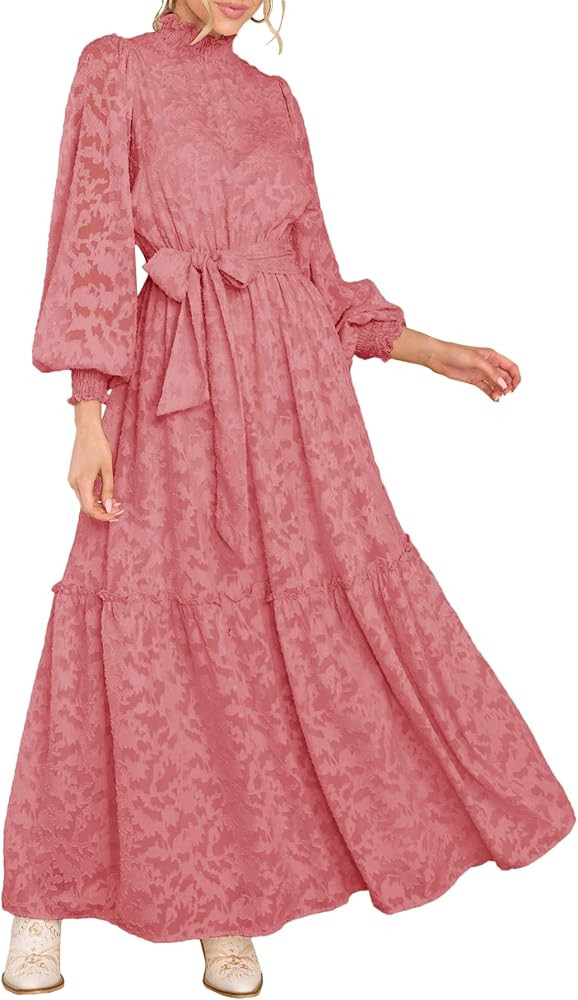 MITILLY Women's Fall Dresses Elegant Floral High Neck Long Sleeve Elastic Waist Formal Maxi Dress... | Amazon (US)