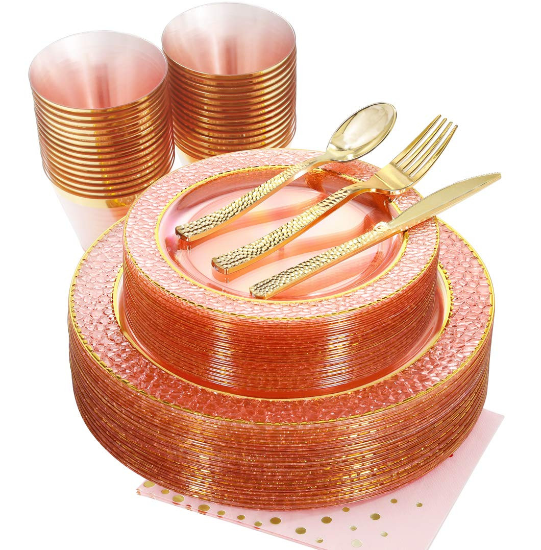 Nervure 175PCS Pink and Gold Plastic Plates - Pink Disposable Plates : 25 Dinner Plate,25 Dessert... | Amazon (US)