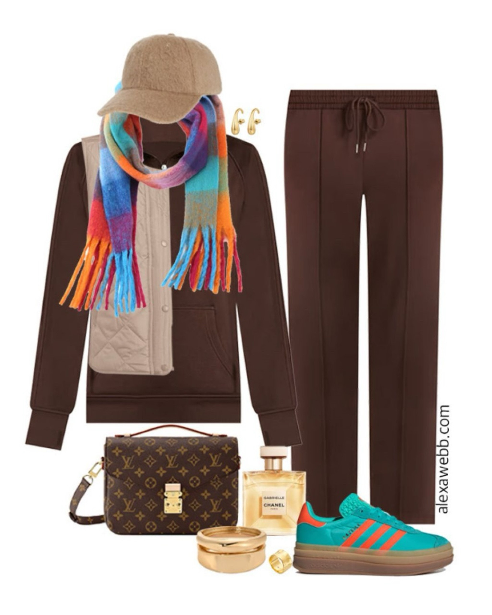 Plus Size Brown Athleisure Set - A plus size comfortable easy outfit idea with a quarter-zip fleece sweatshirt with matching wide leg sweatpants. Wear it with some bright aqua and orange adidas platform sneakers, a cashmere baseball cap, and a Louis Vuitton monogram crossbody bag. Top with a taupe vest and bright plaid scarf as needed. Wear this look for errands or casual outings. A trendy athleisure outfit for fall and winter. Alexa Webb #plussize

#LTKSeasonal #LTKStyleTip #LTKPlusSize