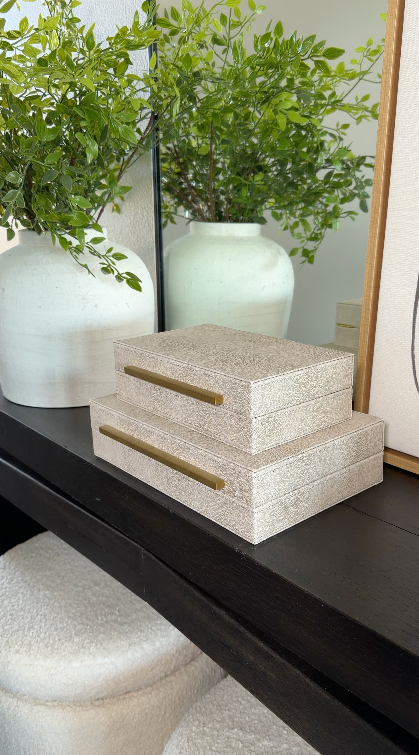 Love these faux leather ivory storage boxes 🤍 Such a pretty way to hide small things while still styling your space. 

 #LTKHome
