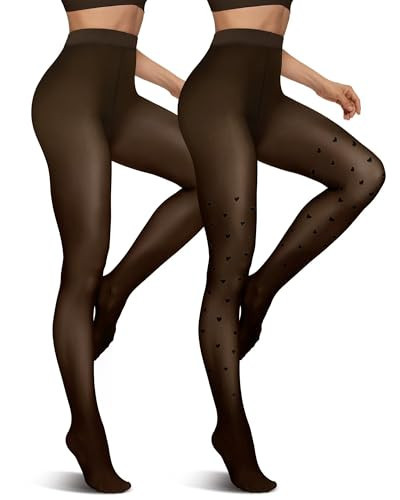 Vertvie 2 Pairs Fleece Lined Tights for Women Thermal Pantyhose Fake Translucent Winter Warm Tights Thick Leggings (220g-Thin Fleece,Black Sheer/Heart Black Sheer,Small-Medium) | Amazon (US)