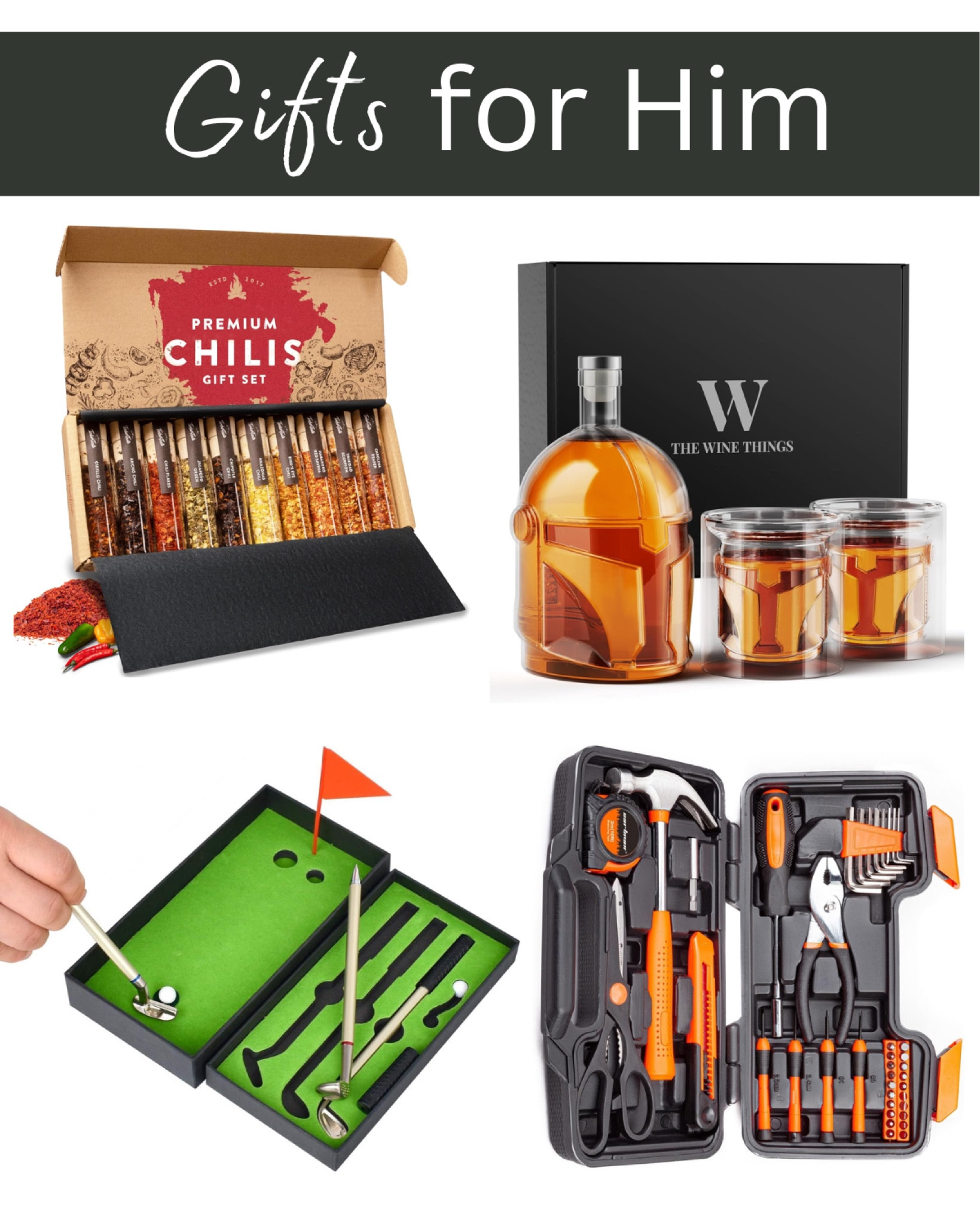 Gifts for him, spicy chilies gift box, whiskey decanter, mini golf pen set, tool set

#LTKGiftGuide #LTKHoliday #LTKFindsUnder50
