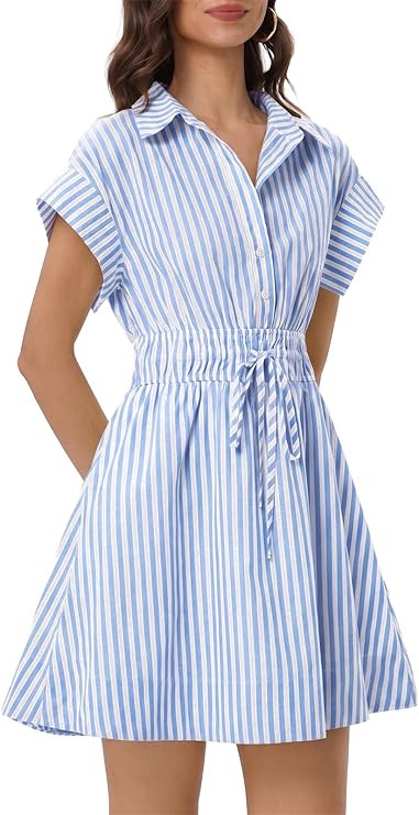 EZAPINE Women Summer Striped Dresses Short Sleeve Mini Shirt Dress Casual A-line Sundress with Dr... | Amazon (US)
