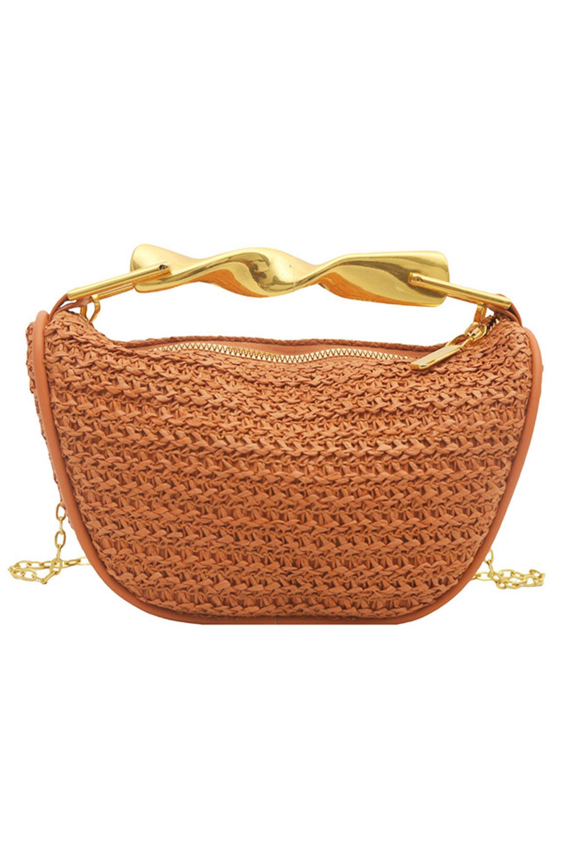 Twist Metal Handle Woven Straw Bag in Orange for Daily Outings & Resort Getaways | Chicwish