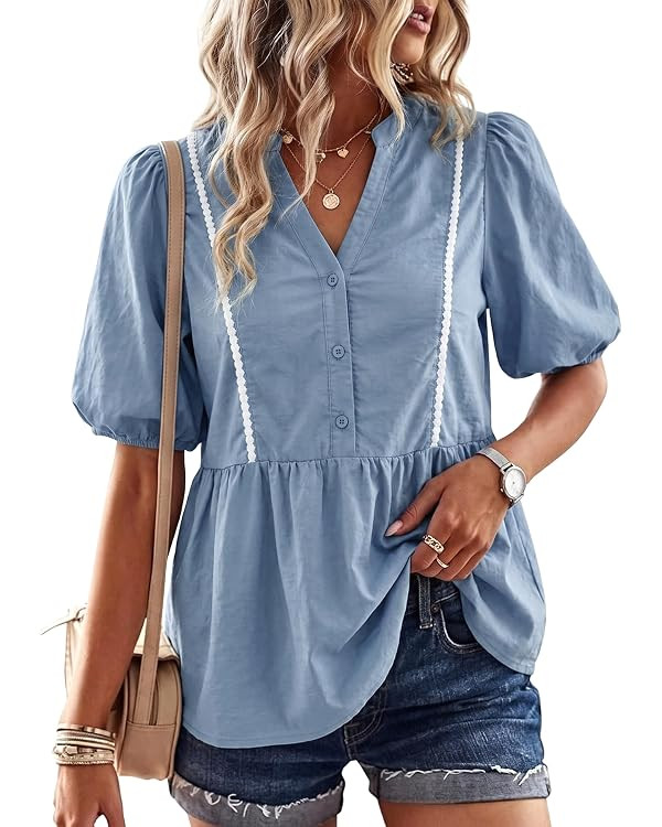 Watashi Womens V Neck Puff Sleeve Peplum Babydoll Loose Blouse Summer Top | Scalloped Lace Trim B... | Amazon (US)