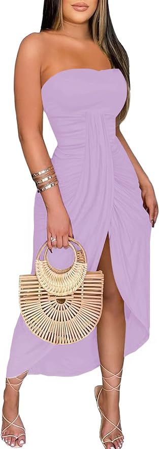 Umenlele Women's Strapless Ruched High Waist Wrap Split Asymmetrical Beach Maxi Long Dress | Amazon (US)