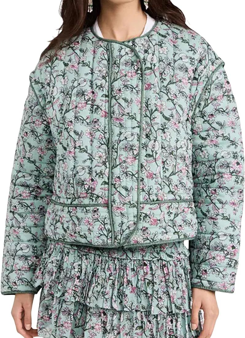 Women's Cropped Puffer Jacket Cardigan Floral Printed Lightweight Open Front Short Padded Quilted... | Amazon (US)