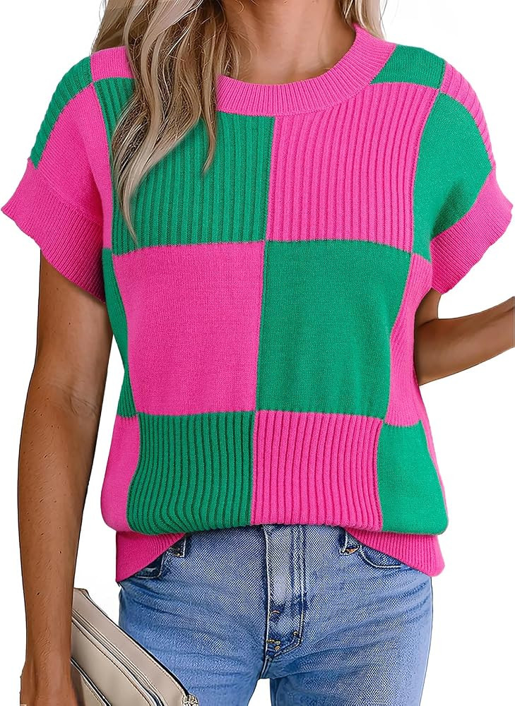 EVALESS Short Sleeve Sweater for Women Color Block Checkered Knit Tank Top | Amazon (US)