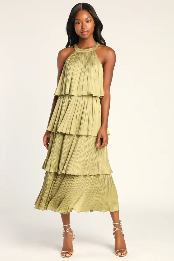 Tier and Far Light Green Tiered Pleated Halter Midi Dress | Lulus (US)