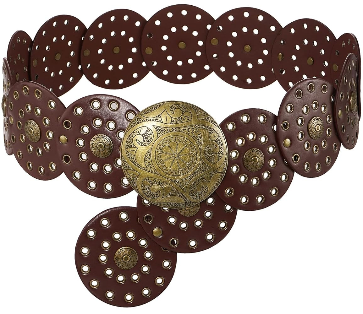 Suyi Wide Disc Belt for Women Leather Hollow Out Round Belts Vintage Western Waist Belt | Amazon (US)