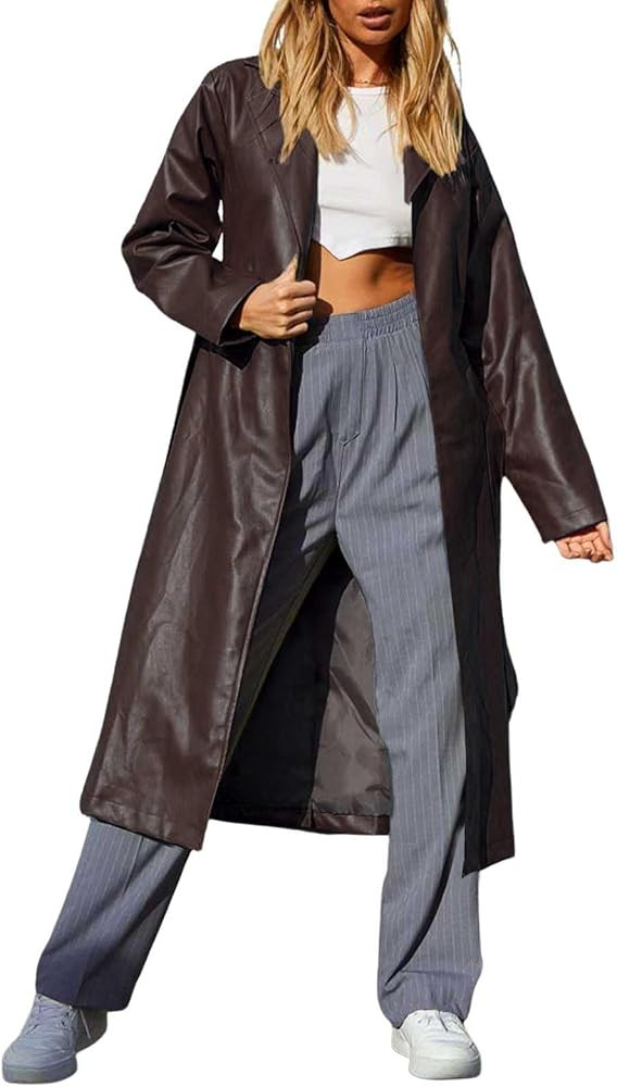 chouyatou Women's Casual Lapel Open Front Pu Faux Leather Long Trench Coat with Belt | Amazon (US)