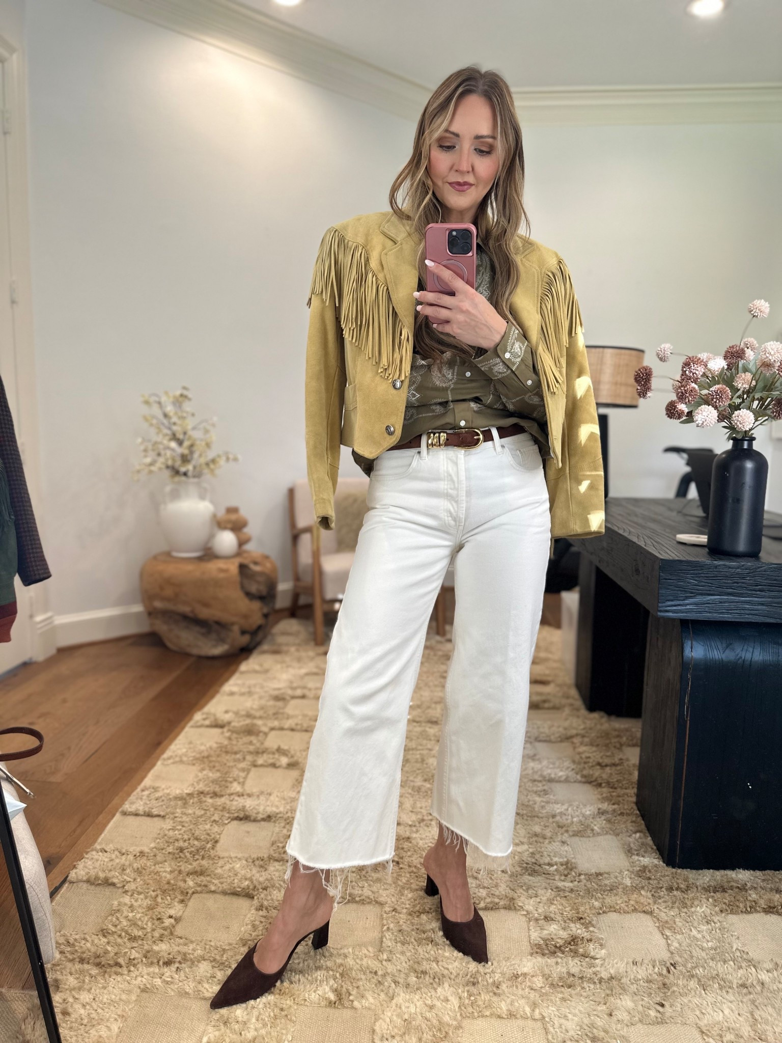 Date Night with a western twist! This jacket was one of my vintage finds from Roundtop but linking a very similar one here! Also the green JCrew bandana print button up is a must!
