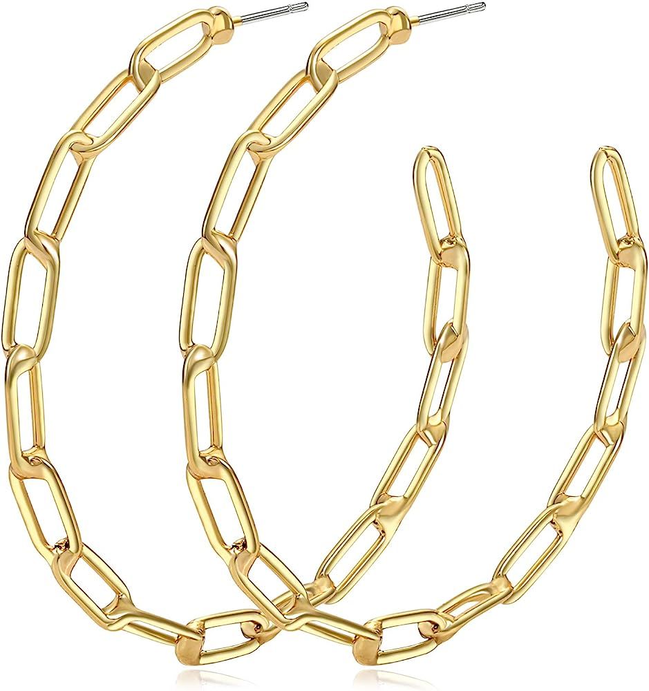 NLCAC 14K Gold Chain Hoop Earrings Chic Shiny Gold Paperclip Chain Link Big Hoop Earrings for Wom... | Amazon (US)