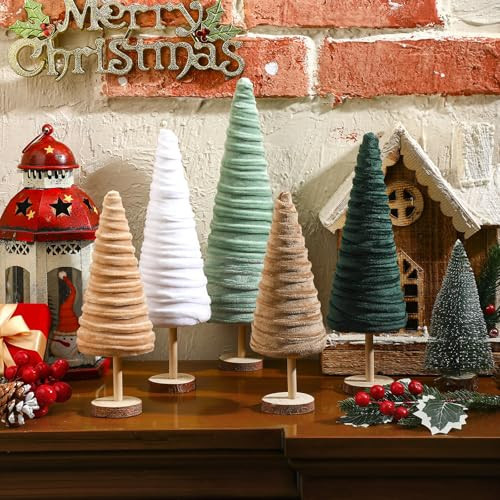 Kigley 5 Pcs Christmas Velvet Trees Set Neutral Christmas Decoration Boho Christmas Cone Trees Flocked Tabletop Centerpieces Farmhouse Home Decorations for Kitchen Xmas Party Mantel Tiered Tray Gift | Amazon (US)