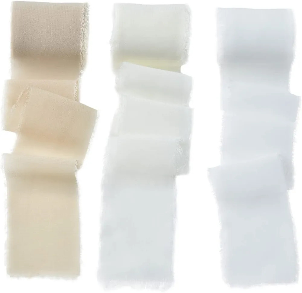 Joanlody Cream 1-3/4" x 6Yd Handmade Fringe Chiffon Ribbon 3 Rolls Silk Frayed Edge Ribbon for We... | Amazon (US)