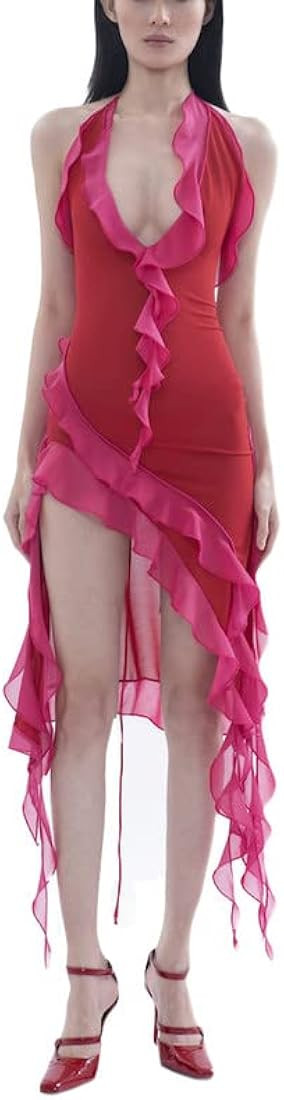 Ruffle Tube Dress for Women Split Skirt Y2k Sleeveless Open Back Dress Rendezvous Dress Blush Barbie | Amazon (US)