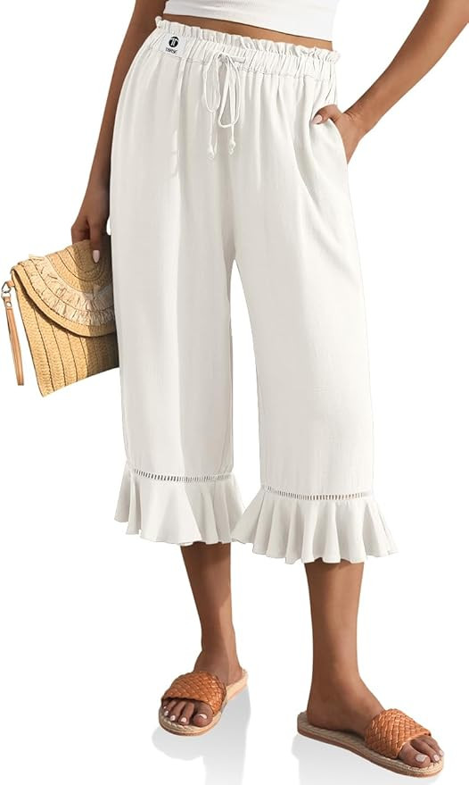 TARSE Women’s Linen Capri Pants High Waisted Lightweight Drawstring Wide Leg Flared Ruffle Hem ... | Amazon (US)